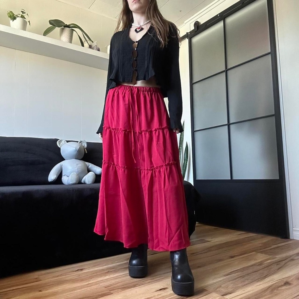 Red Tiered Ruffle Summer Maxi Skirt